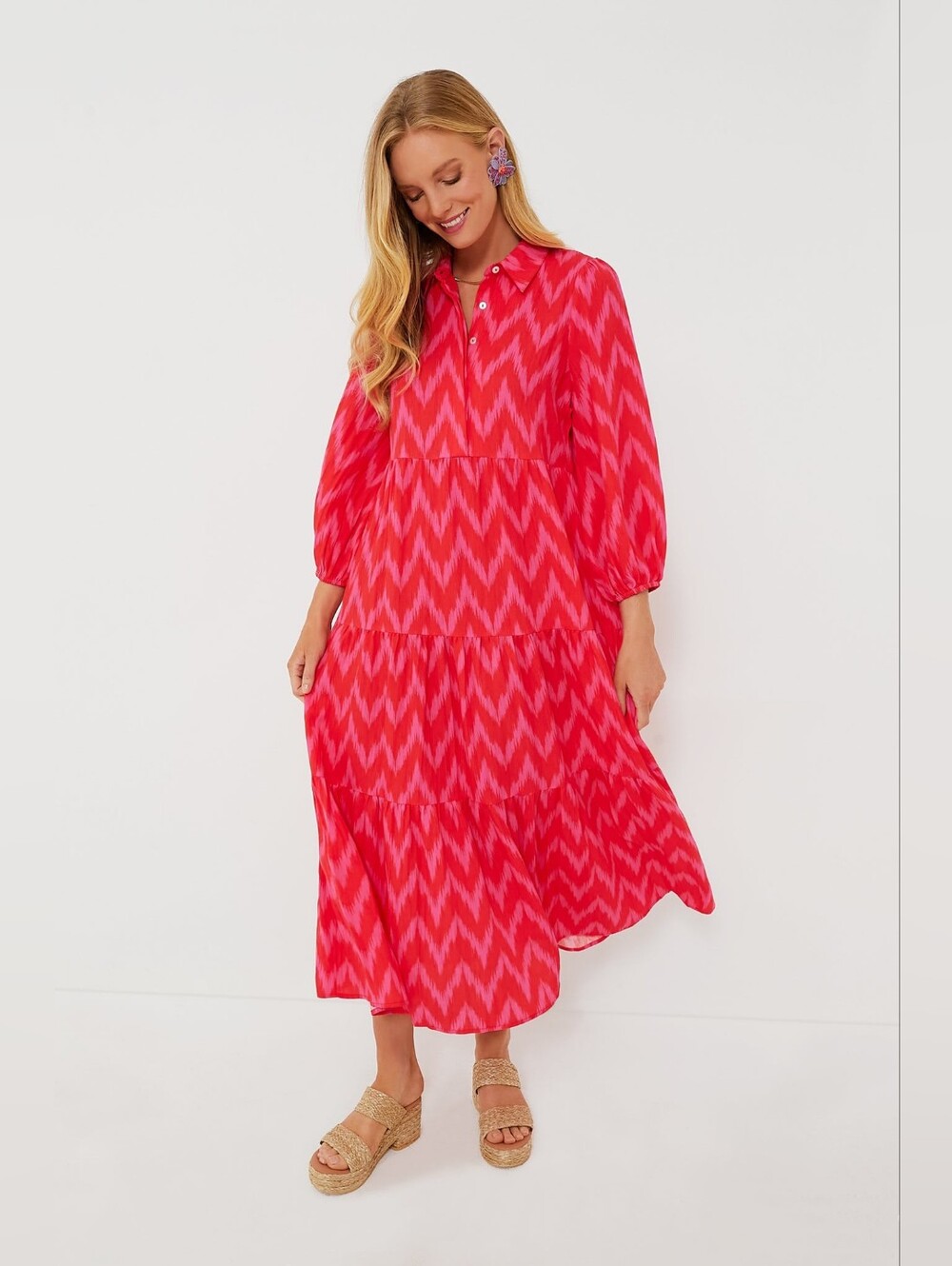 Tuckernuck Pomander Place Mabel Hot Pink Ikat Tiered Maxi Dress L